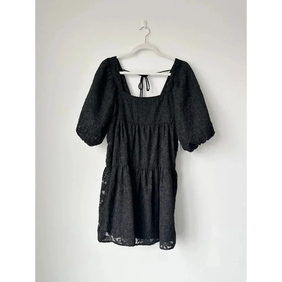 Nordstrom Lush Black Textured Puff Sleeve Mini Dress - Size Small - Picture 5 of 8